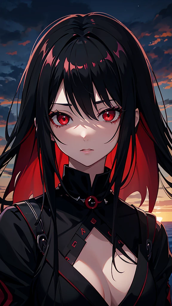 a woman with black hair and red eyes standing in front of a sunset, an anime drawing by Jin Homura, trends on Pixiv, gothic art, 1 gothic anime girl, demon anime girl, anime vibes, dark yandere gapmoe, with bright red eyes, with bright red eyes, portrait dark yandere gapmoe, anime styling