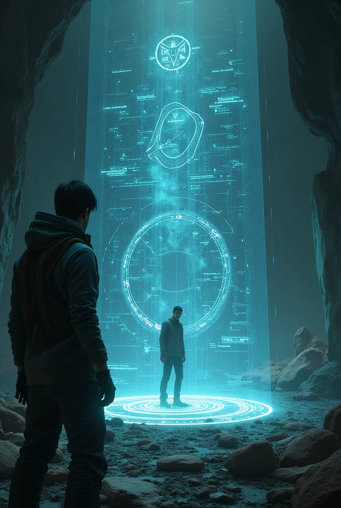 Depict a futuristic scanner or holographic device projecting a map or data. A character in the background is intensely focused, searching through alien ruins or a dark, high-tech facility. The environment should be mysterious, with shadows and faint, glowing symbols hinting at hidden secrets.