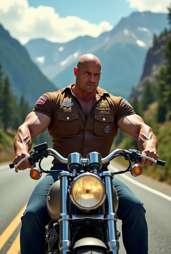 Big body builder white bald men wearing brown double pocket shirt with logos at mountain highway on heavy motor bike 