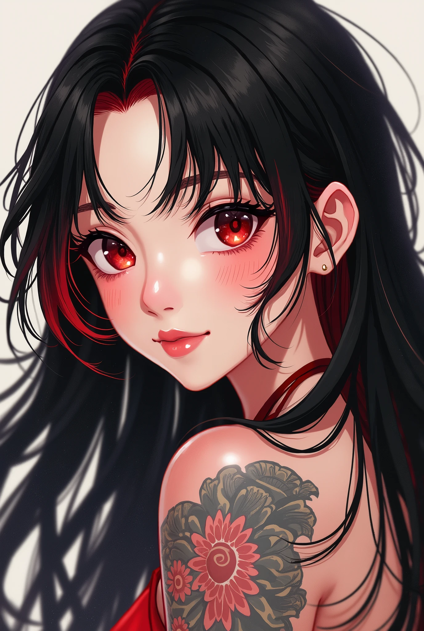  Japanese girl with more or less long black hair with bangs and red highlights, e sexy, Lady,Red hair,dress,beautiful,anime,tattoo, face portrait, close up, big beautiful detailed eyes, ulzzang, art nouveau, candy, sweets, 
