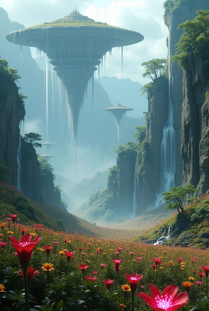 Give a planet similar to Pandora from Avatar, with floating islands with waterfalls where the water rises into the atmosphere and a field of flowers and a futuristic spaceship on the surface of the planet.