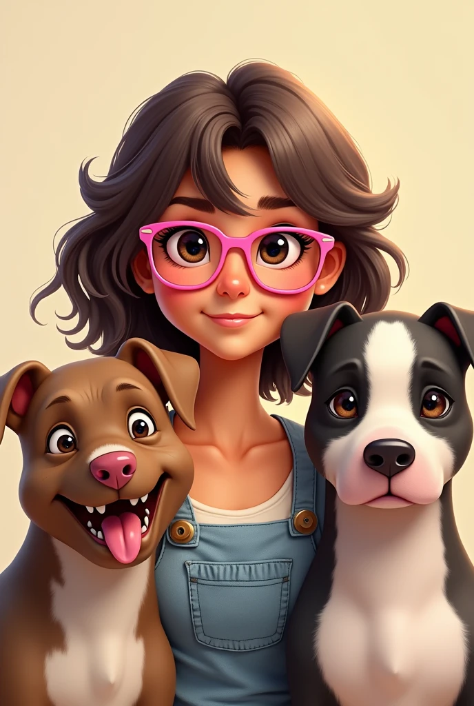 A girl with tan skin, short wavy hair and pink glasses with a large yellow pitbull dog with a pink nose and a brindle pitbull puppy