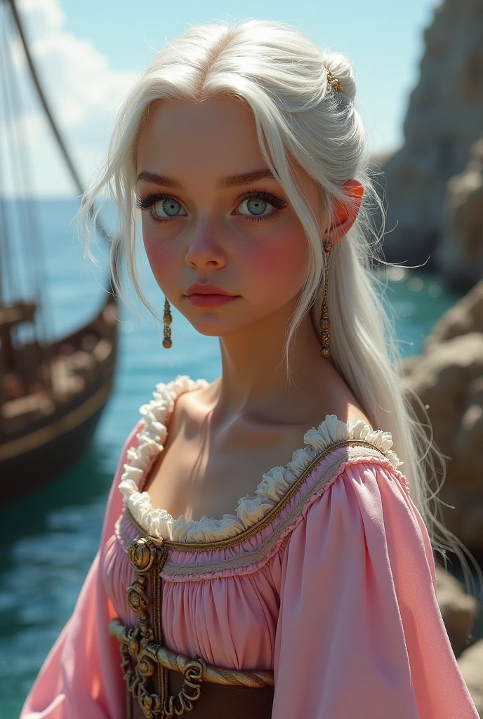 Make a realistic image of a 1 girl Black cashew skin , white hair and blue-gray eyes.
She is wearing a pink medieval dress, and is in a medieval maritime setting.