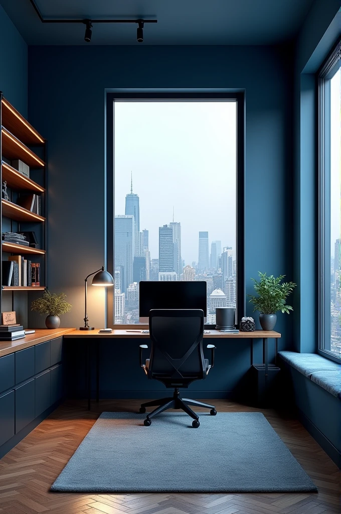 Create a luxurious room with a black computer and blue walls with a large window overlooking the city