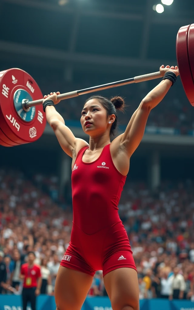 Ultra-high resolution,High-resolution details,Olympic women's weightlifting,Red clothing,(1 Korean beauty,Super beautiful,Super fair skin,White face)full-body shot,Panoramic vistas,Wide-angle lens,snatch,Lift,clean and jerk,Olympic indoor venues as background,Full audience,Passionate and intense