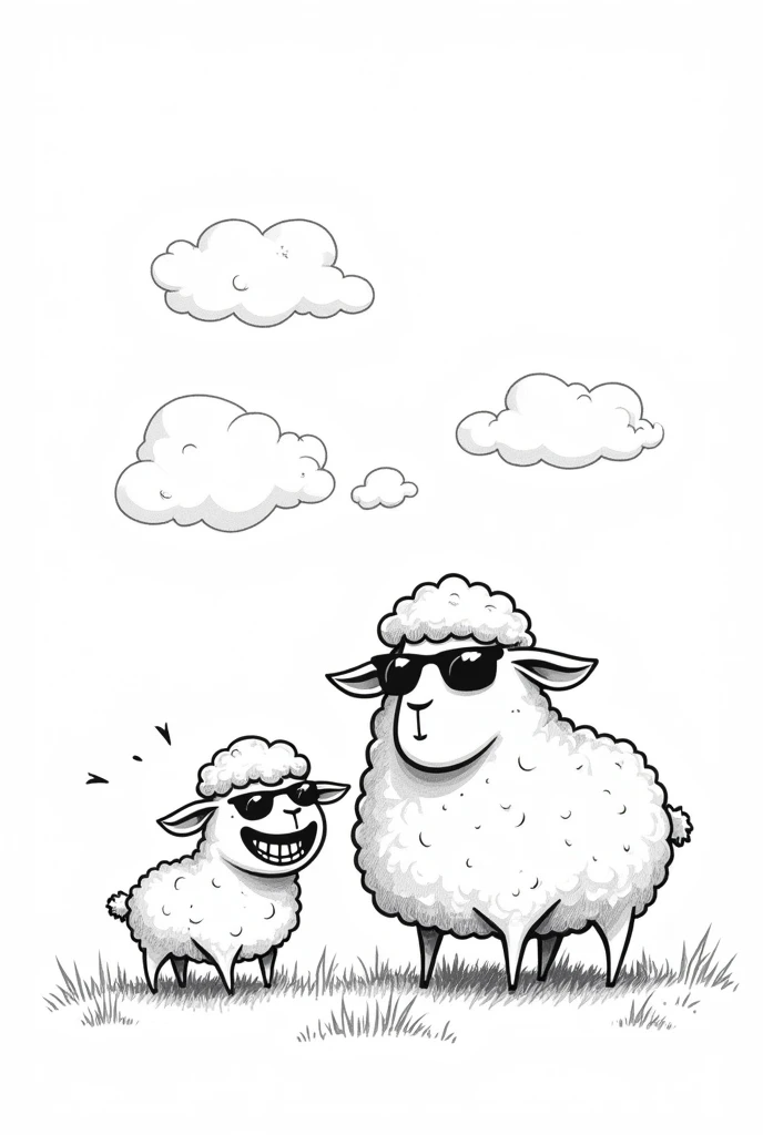 two sheep, one bigger with sun glasses, one smaller, huge tender smile, big teeth, over grass, clouds in the sky, outlined sketch, black and white only