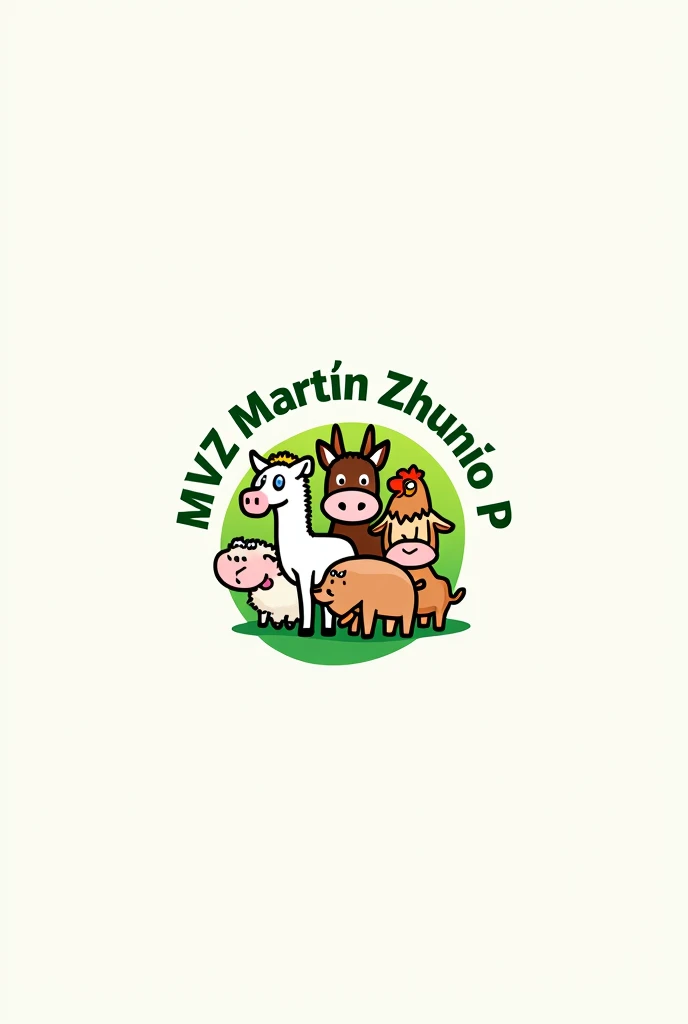 Veterinary logo with farm animals in graphics, written on the outside in green letters “MVZ MARTÍN ZHUNIO P.” 