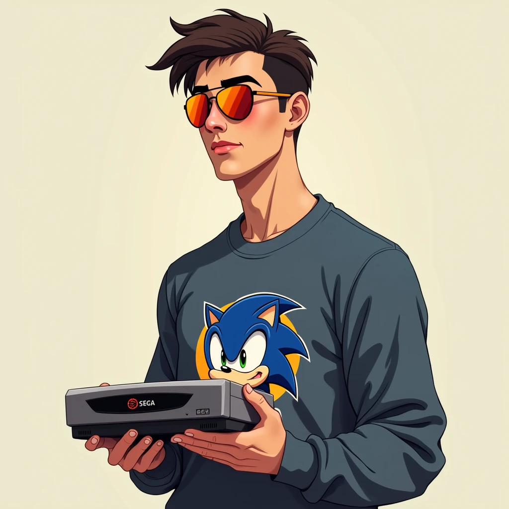 Make a boy an adult, with orange sunglasses, Sonic sweatshirt, holding a sega Dreamcast in his arm