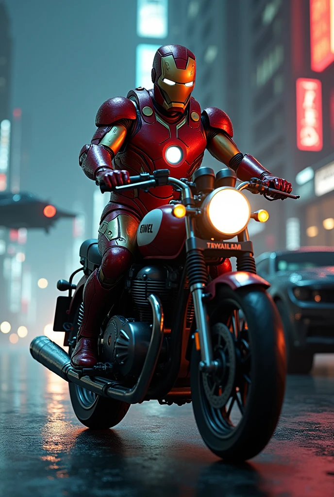 Imagine Ironman riding a royal enfield Bullet in cyberpunk night background with black bmw car in background