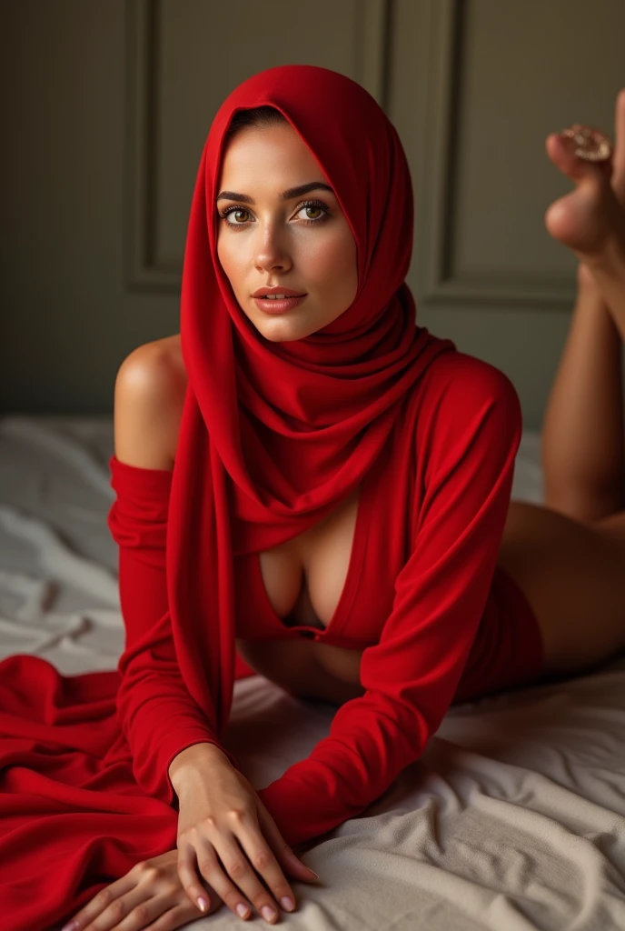 a beautiful woman in a red hijab posing in a relaxed manner, , lying prone on the ground, wearing a revealing red bikini, with an oiled and glistening body, highly detailed, photorealistic, 8k, HDR, studio lighting, physically-based rendering, vivid colors, bokeh 2. soft light