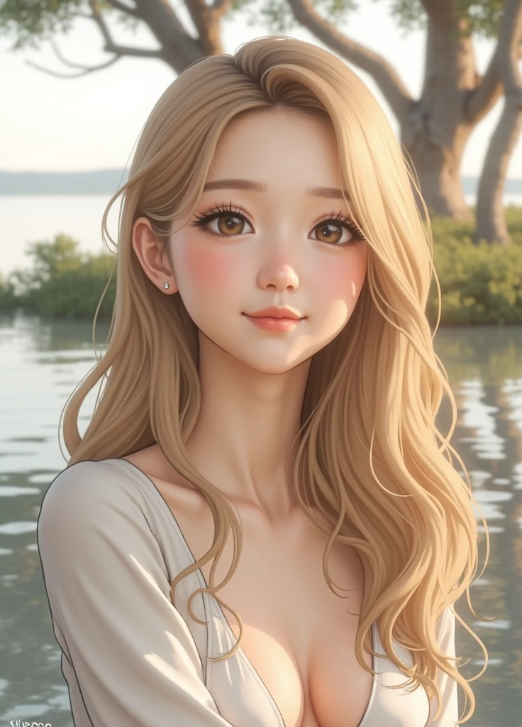 at the water's edge in a swimsuit