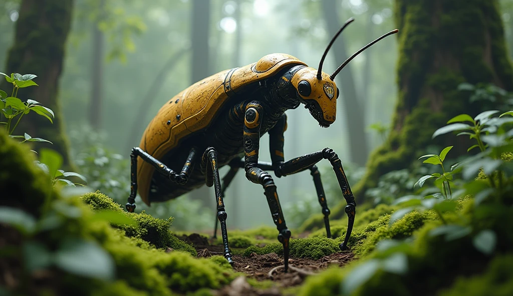 A robot with a mantis-like brain、Detailed skin、Actual item、in the forest、moss、Medieval Armor、Ancient Technology、royal coat of arms