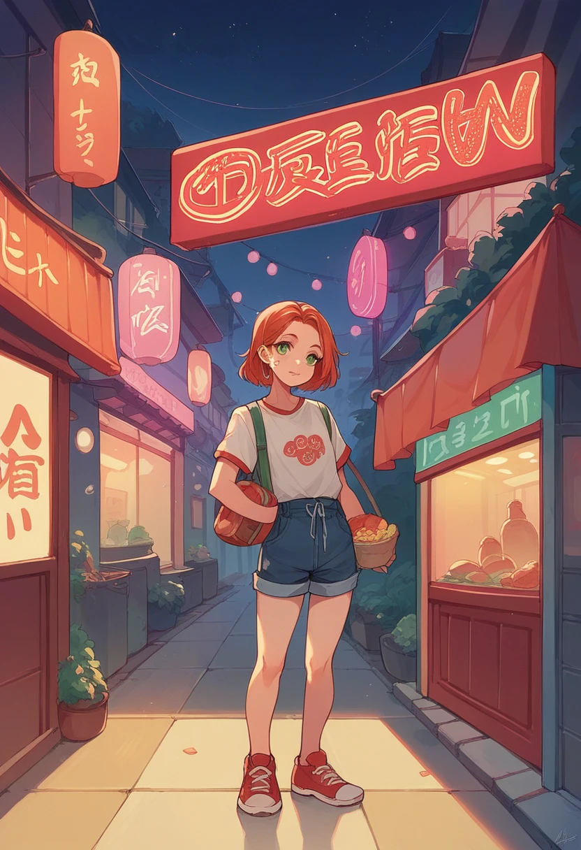 redhead child girl,about , green eyes, standing in chinatown at night, neon lights, street food