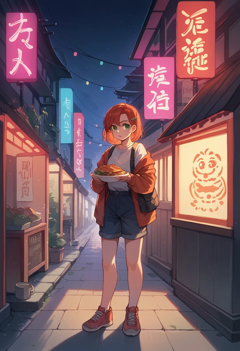 redhead child girl,about , green eyes, standing in chinatown at night, neon lights, street food
