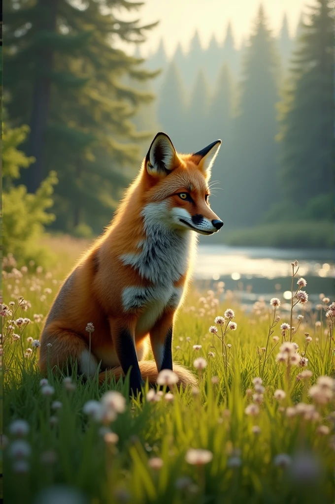 A fox is standing in a field, he is looking at the forest in the distance, with a river beside him.