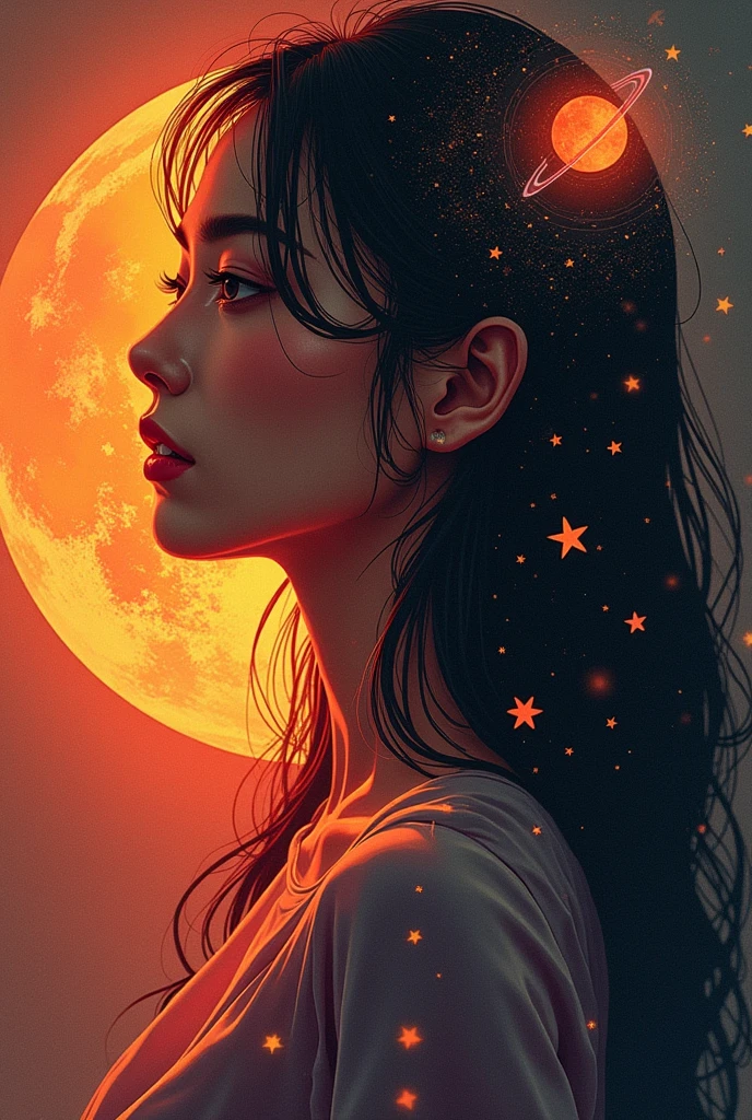 centralized writing HA VI with a capital letter and PHAM with a lowercase letter, written with planet being the name highlighted 

with planet elements, the shadow of a woman making a headline, a radiant star, a simple contemporary art background,hong khong 90s, long hair
