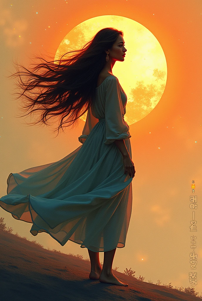 centralized writing HA VI with a capital letter and PHAM with a lowercase letter, written with planet being the name highlighted
with planet elements, the shadow of a woman making a headline, a radiant star, a simple contemporary art background,hong khong 90s, long hair