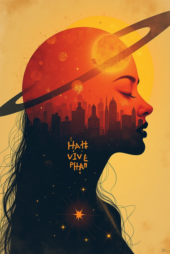 centralized writing HA VI with a capital letter and PHAM with a lowercase letter, written with planet being the name highlighted 

with planet elements, the shadow of a woman making a headline, a radiant star, a simple contemporary art background,hong khong 90s, long hair
