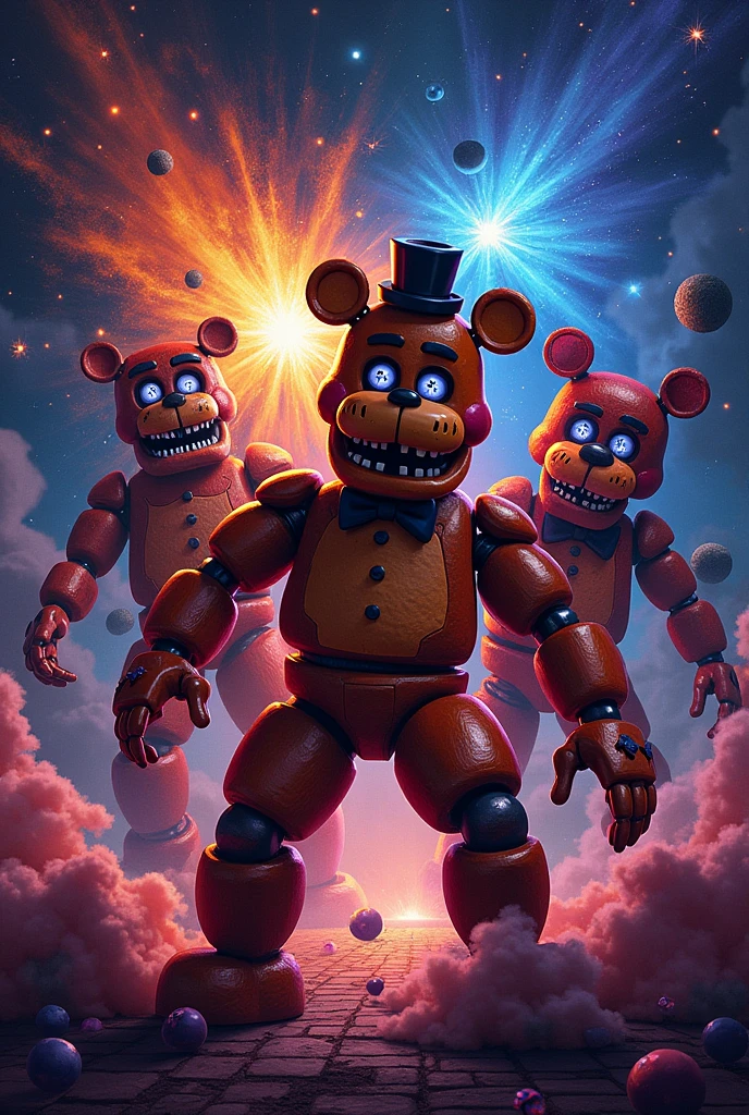 A card cover with the name “cards The Eplik” With some explosions of colors and some freddy animatronics, foxy and springtrap and a universe background
