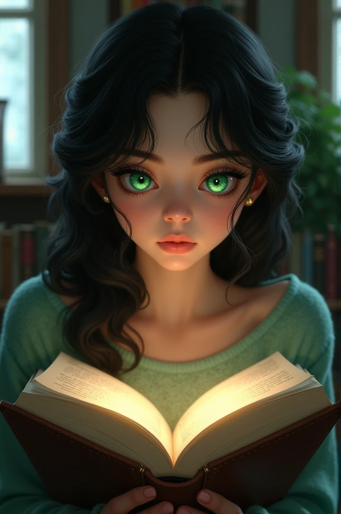 Girl with black curly hair, green emerald eyes reading a book