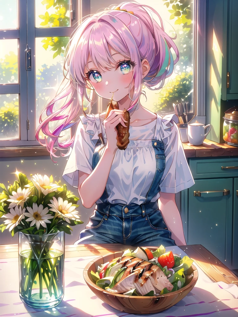 ((8k, Highest quality, masterpiece: 1.3)),Ultra-high resolution,(1 girl, alone), (Color changing eyes, Ultra-detailed, Expressive brilliance, Glitter, Glowing Eyes), Highly detailed eyes, Highly detailed face, Random Hair, ((pastel colour)Sunlit Kitchen Lunch
The woman is seated at a small, round wooden table in her sunlit kitchen, enjoying a light lunch. She’s wearing a simple white blouse with short sleeves and high-waisted denim shorts, her hair loosely tied in a low ponytail. The kitchen is bright, with sunlight pouring in through the large window, highlighting the clean, minimalistic design. On the table, there’s a plate with a fresh green salad and a piece of grilled chicken. She’s lifting a forkful of salad to her mouth, pausing to smile warmly at the camera, her eyes sparkling with happiness. The kitchen has a few personal touches, like a small vase with fresh flowers and a bowl of fruit on the counter, enhancing the homey atmosphere.