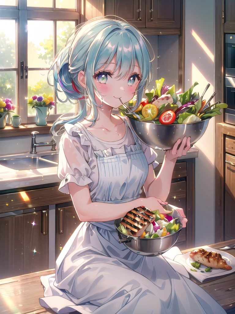 ((8k, Highest quality, masterpiece: 1.3)),Ultra-high resolution,(1 girl, alone), (Color changing eyes, Ultra-detailed, Expressive brilliance, Glitter, Glowing Eyes), Highly detailed eyes, Highly detailed face, Random Hair, ((pastel colour)Sunlit Kitchen Lunch
The woman is seated at a small, round wooden table in her sunlit kitchen, enjoying a light lunch. She’s wearing a simple white blouse with short sleeves and high-waisted denim shorts, her hair loosely tied in a low ponytail. The kitchen is bright, with sunlight pouring in through the large window, highlighting the clean, minimalistic design. On the table, there’s a plate with a fresh green salad and a piece of grilled chicken. She’s lifting a forkful of salad to her mouth, pausing to smile warmly at the camera, her eyes sparkling with happiness. The kitchen has a few personal touches, like a small vase with fresh flowers and a bowl of fruit on the counter, enhancing the homey atmosphere.