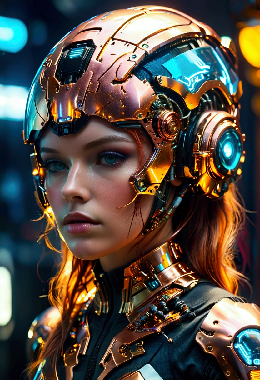 ultra realistic masterpiece, (add_very_intricate_detail: 1.2), "A cyborg/android woman, copper hair, liquid gold in some parts of the helmet, uses biomechanical parts on her body, neon lights, cyberpunk settings, high-tech helmet with very detailed intricate, futuristic atmosphere."