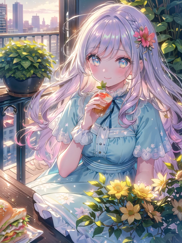 ((8k, Highest quality, masterpiece: 1.3)),Ultra-high resolution,(1 girl, alone), (Color changing eyes, Ultra-detailed, Expressive brilliance, Glitter, Glowing Eyes), Highly detailed eyes, Highly detailed face, Random Hair, ((pastel colour)Balcony Lunch with a View
The woman is sitting at a small, wrought-iron table on her apartment balcony, enjoying lunch with a view of the city. She’s dressed in a light, flowy summer dress with a floral pattern, her hair cascading down in soft waves. The table is set with a simple meal of a sandwich and a small bowl of chips. The afternoon sun bathes the scene in a warm glow, and a gentle breeze ruffles the leaves of the potted plants around her. She looks at the camera with a relaxed, content smile, one hand resting on the table while the other holds a glass of iced tea. The background shows the city skyline, creating a peaceful contrast between the busy world outside and her tranquil lunch moment.