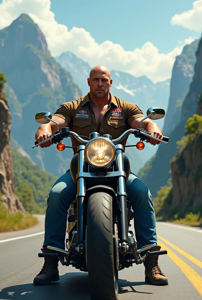 Big body builder white bald men wearing brown double pocket shirt with logos at mountain highway on heavy motor bike