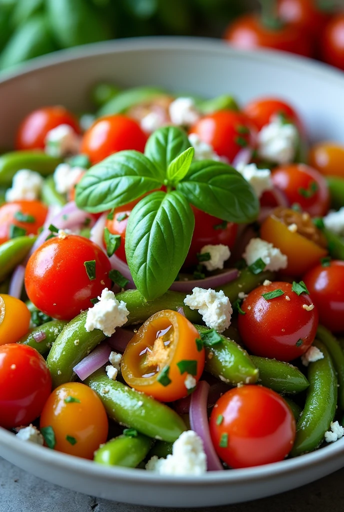 Create an image of this recipe: Edamame and Cherry Tomato Salad Ingredients:
- Cooked edamame: 150 g
- Tomate cherry: 100 g - Red onion: 50 g - Feta cheese: 50 g - Olive oil: 15 ml - Apple cider vinegar: 10 ml
- Sal: 5 g - Pepper: 2 g - Fresh basil: 10 g Preparation:
1. Cook edamame according to package directions, Drain it and let it cool..
2. Wash the cherry tomatoes and cut them in half.. Chop the red onion finely.
3. In a large bowl, mix the edamame, tomates cherry, Onion and crumbled feta cheese.
4. In a small container, mix the olive oil, VINEGAR, salt and pepper.
5. Pour the dressing over the salad and mix well.. Add chopped fresh basil before serving..