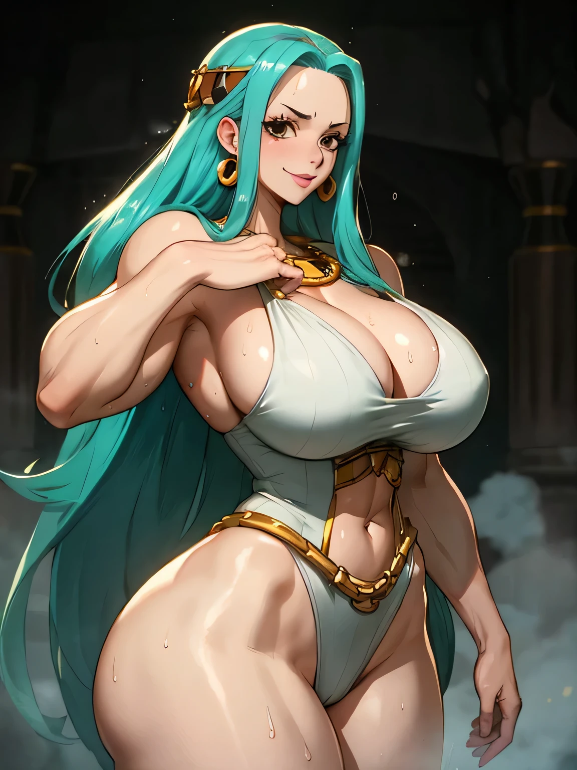 masterpiece,One Piece_Nefertari Vivi ,best quality,One Piece_Nefertari Vivi dress, (gigantic breasts:1.7),(muscle:1.5),in dungeon, looking at viewer, cowboy shot,green hair, curvy, bule eyes,a female tyrant with a penchant for torture,fog,drenched in sweat,pink cheeks,shiny suit ,smile without opening her lips,goden light,balanced eyes,plump body,jewelr,,Detailed fingers ,round breasts,1 hand rubbing chest,