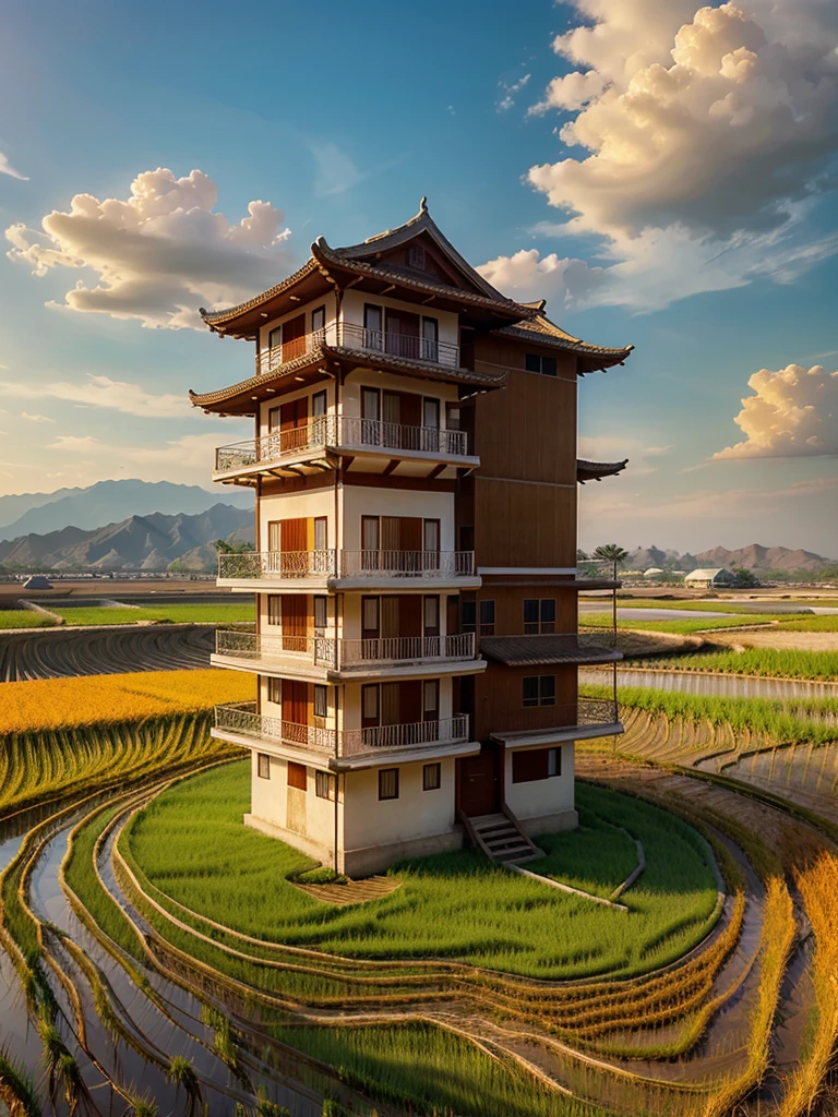 Digital art. The shape of the house is made up of small bamboo pieces tied together with red, yellow, white, orange and blue threads, floating in the air in the middle of a dry rice field.