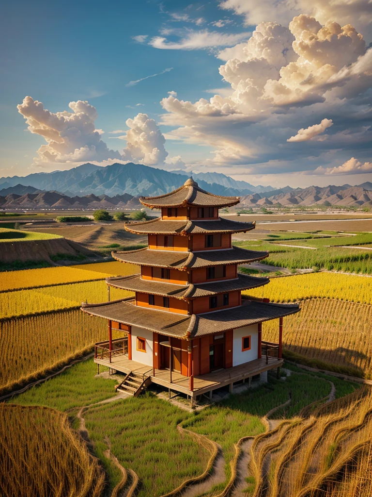Digital art. The shape of the house is made up of small bamboo pieces tied together with red, yellow, white, orange and blue threads, floating in the air in the middle of a dry rice field.