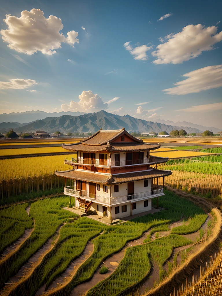 Digital art. The shape of the house is made up of small bamboo pieces tied together with red, yellow, white, orange and blue threads, floating in the air in the middle of a dry rice field.