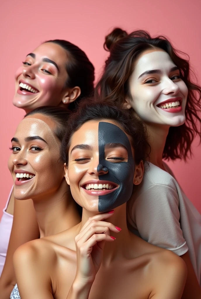 Playful Banner of four real models with applied different face masks like coffee,charcoal,rose,rice mask