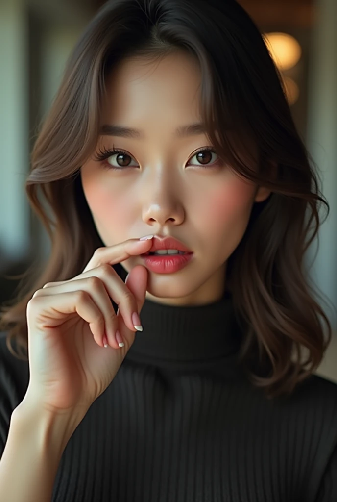 RAW photo in sequence, Photo of a 1, asian women, turtle neck shirt (Upper body selfie, happpy)), biting finger, detailed face, Slightly blurred, Detailed backgrounds, natural lightting, HDR, foto realista, professional photo, Flirting with the viewer, Visual sexy, photorealestic, Linda, natural skin, 8K UHD, high quality, filmic grain, Fujifilm XT3