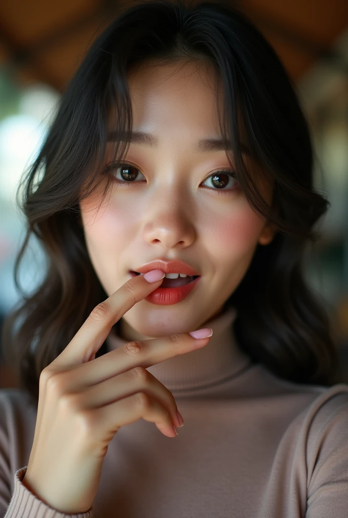 RAW photo in sequence, Photo of a 1, asian women, turtle neck shirt (Upper body selfie, happpy)), biting finger, detailed face, Slightly blurred, Detailed backgrounds, natural lightting, HDR, foto realista, professional photo, Flirting with the viewer, Visual sexy, photorealestic, Linda, natural skin, 8K UHD, high quality, filmic grain, Fujifilm XT3