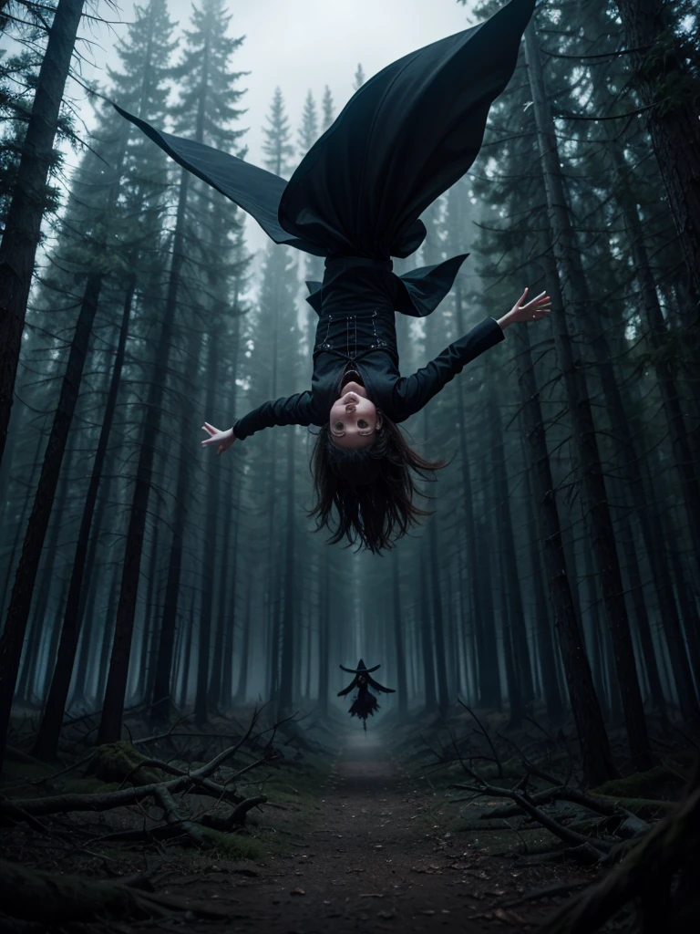 A witch flying over a dark, dead forest 