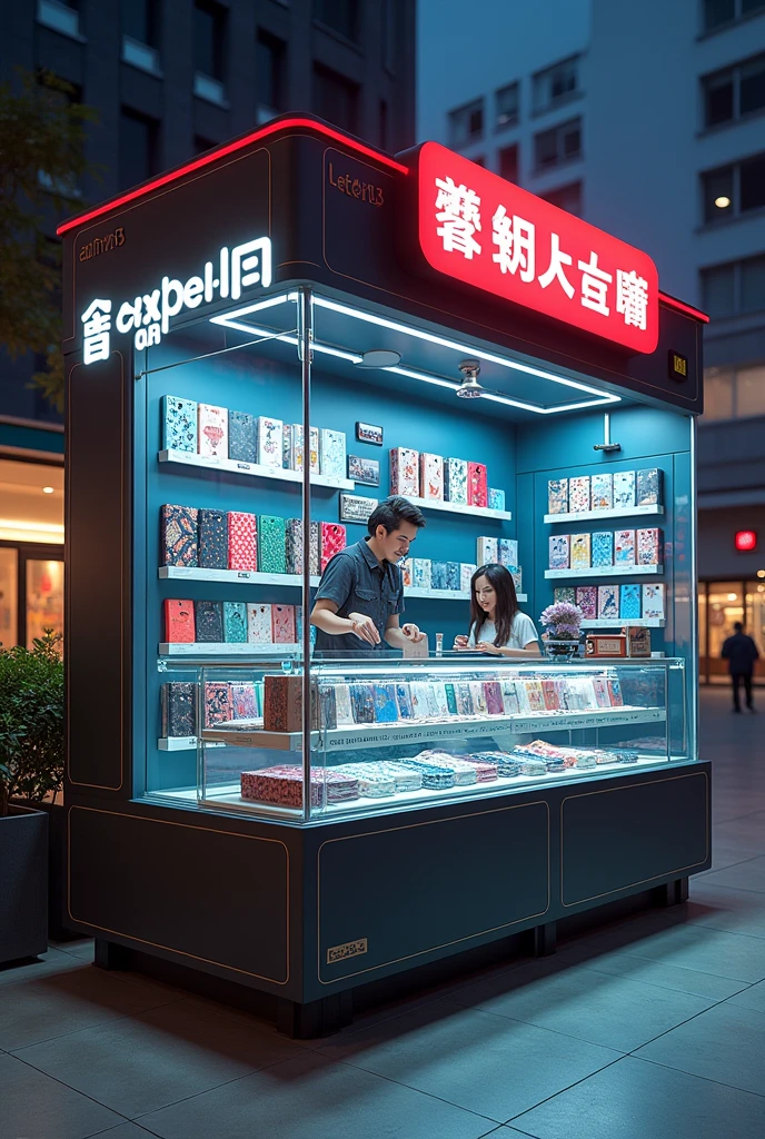 

Imagine a kiosk that sells cell phone cases, but with some key modifications. We will keep the glass urns in a rectangular format, where the cases are arranged in rows, visible from outside. However, Now the cases will be secured with locks on the top of the urns, that only the vendors inside the kiosk can open. 

The vendors are inside the kiosk, visible through the transparent urns. They can serve customers through small windows or openings at the top of the urns., where cases can be displayed up close without compromising security.

Lighting is still important: LED lights inside the urns highlight the colors and designs of the cases, while the top of the kiosk has an eye-catching sign that attracts customers.
 
I want the cases to look very attractive because of how they are being displayed., That is the main thing in the image and that there are several urns where the sellers are inside the rectangle and the buyers outside looking at the merchandise and interacting with the sellers. The urns that have the cell phone cases displayed should not be high., The maximum is about the waist of a person of one and a half meters in height.. 
And without any wall blocking the way so that customers can see the cases from any direction..