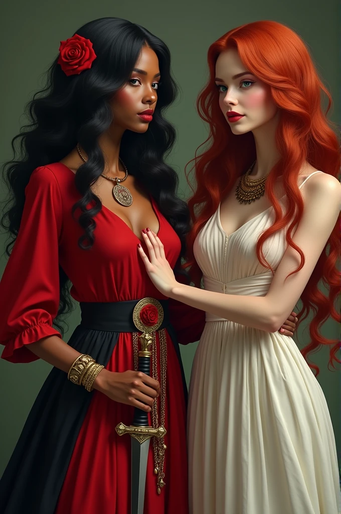 A 30 year old mulatto woman , long wavy black hair with a red rose, small breasts in a red blouse , wide hip, wearing a long red and black skirt with coins at the waist with golden bracelets and a dagger at the waist placing her hands on the shoulder of a white woman with green eyes and long, wavy red hair of 3 wearing a white dress with a black and red necklace