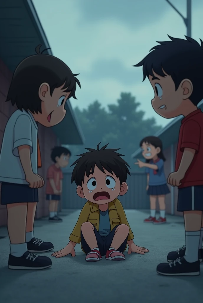 an animation of a child, sitting alone in a corner of a schoolyard. Your face is wet with tears. Around her, some colleagues laugh and point. The image must also contain a smiling hero reaching out to the child..