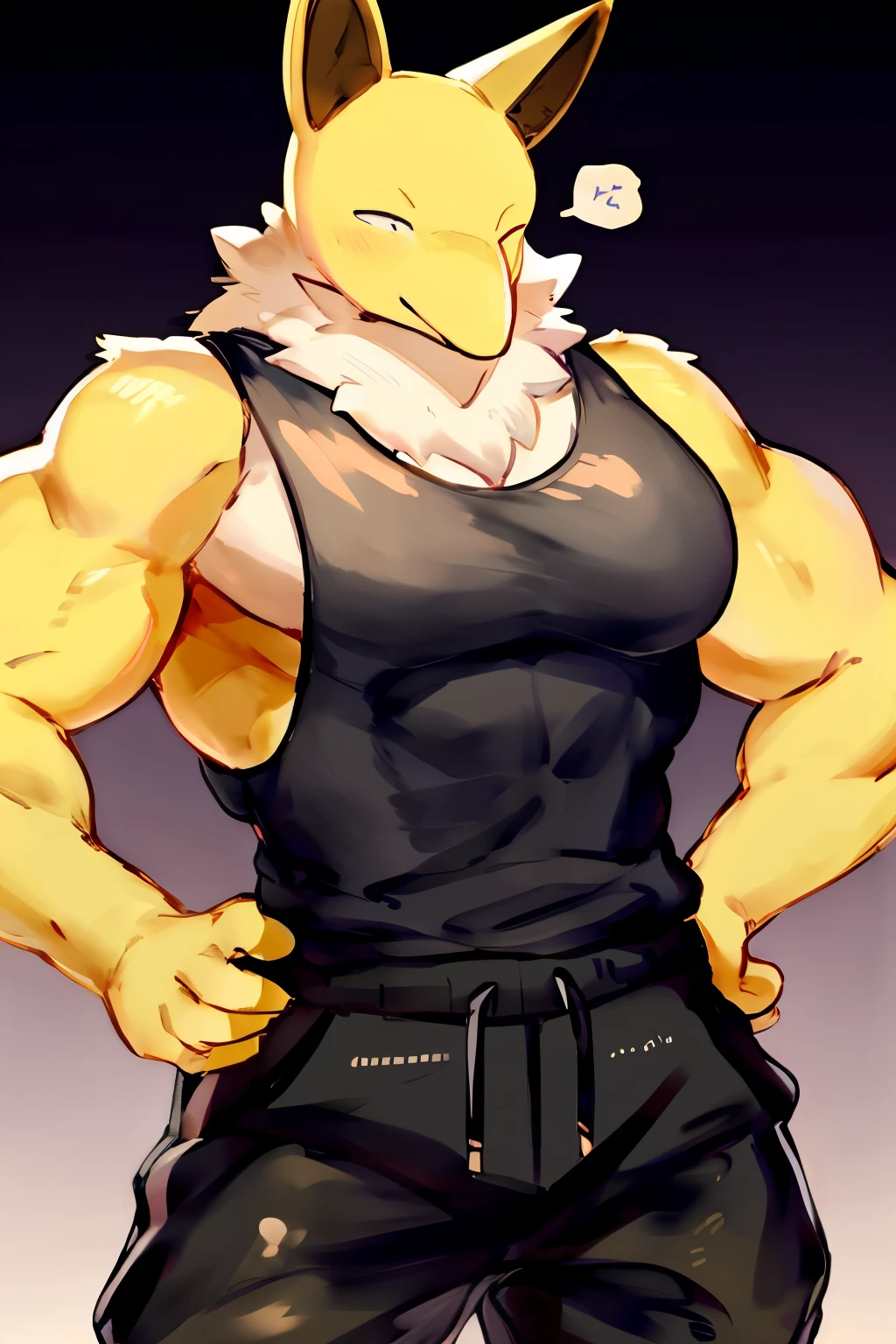 Furry, Anthro, solo, Hypno, Male, (((muscular body, massive male pectorals, yellow skin, fluffy neck, wearing white fur around neck))), ((((massive biceps, wide-eyed, head tilted)))), ((((((massive bulky torso, hands on hips, wearing black full male tanktop, wearing black sweatpants)))))), upper body, black/yellow spraypainted background, by buta99, by zackary911, by bebebebebe, (((digital painting)))