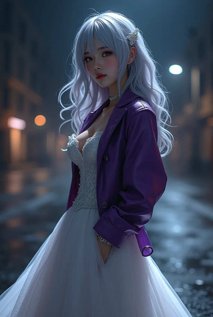 (Highest quality, High resolution, masterpiece:1.2,)[Abstraction(a):0.3] [complexity(c):0.7] [Expertise(It is):0.5] [creativity(I):0.2] [ethics(M):0.8] [depth(d):0.5], figure, night, one person, whole body, (Wedding dress), Put your arms behind your back, Wait for a kiss, View your viewers, Happy, blush,one person, Gray Hair, Long Hair, Techwear masterpiece, Highest quality, Realistic, realism, Dark purple jacket, Portraiture, Detailed eyes, Wearing the headset, Platinum Hair, 2 girl, Fashion pose, Half Body, Wide shot, on the road, cyber punk