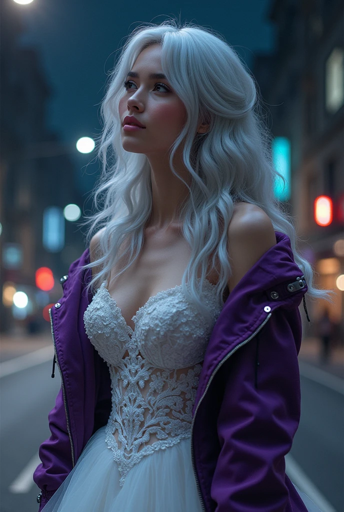 (Highest quality, High resolution, masterpiece:1.2,)[Abstraction(a):0.3] [complexity(c):0.7] [Expertise(It is):0.5] [creativity(I):0.2] [ethics(M):0.8] [depth(d):0.5], figure, night, one person, whole body, (Wedding dress), Put your arms behind your back, Wait for a kiss, View your viewers, Happy, blush,one person, Gray Hair, Long Hair, Techwear masterpiece, Highest quality, Realistic, realism, Dark purple jacket, Portraiture, Detailed eyes, Wearing the headset, Platinum Hair, 2 girl, Fashion pose, Half Body, Wide shot, on the road, cyber punk