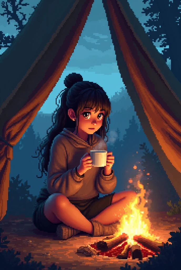 A woman drinks coffee by a campfire in a tent at a campsite、Expressed with strong pixel art、Romancing Saga's art style、Octopath Traveler 2 artwork