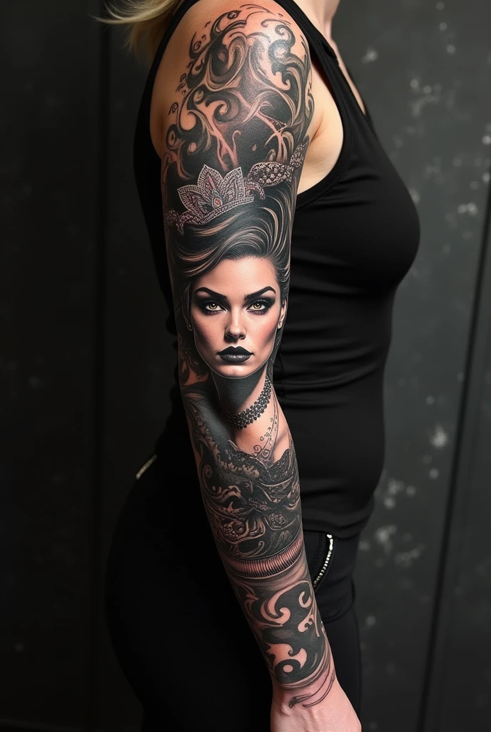 create a tattoo inspired by Cruella devil, on the forearm, something very different, sexy and macabre and beautiful