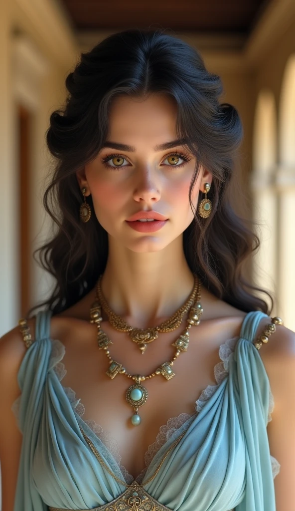 1 girl, full body shot (1.3),close up face shot (1.3), face shot, corridor,Soft Light, Ancient Greek Beauty,Light-haired,long hair,
Greece golden place background, Greek gorgeous girl, with thick and long wavy midnight black glossy hair, big and large dolly shaped amber bright eyes, long and thick curly black eyelashes, button upturned nose, high nose bridge, fullest and plumpest pouty red luscious lips, oval face shape, shorter face, shorter chin, tiny face size, pale snow white traslucent perfect skin, whitening skin, hourglass shaped body, tiny and narrow waist, rounded hips, long and slender beautiful legs, big perfect brests (1.4), large breasts, bust size 84 cm, waist 60 cm, hips 86 cm, bra size 34 D, tall at 5’7, ((perfect body proportions)),full body image, realistic, photorealistic, ultradetailed, skin texture, hyperealismHigh Resolution, Closed Mouth, highly detailed, high resolution 8K, wearing an Ancient Greece pale blue princess tunic dress with detailed accessories, highliting her horglass body, detailed jewlry, 18-years-old