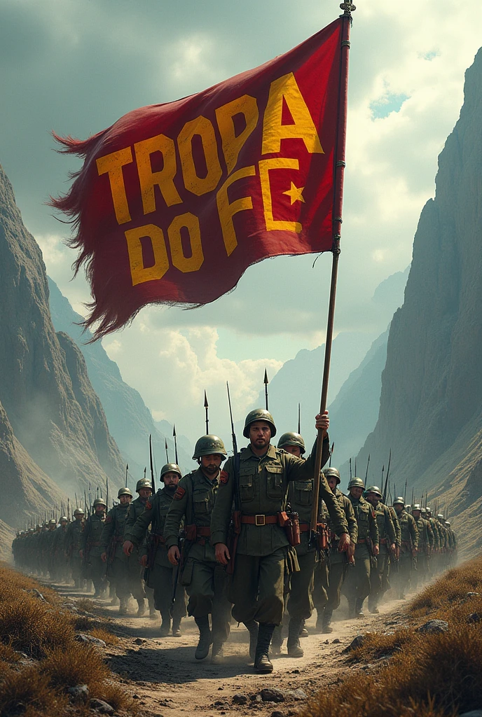 create an image of an army carrying a flag that says TROPA DO F