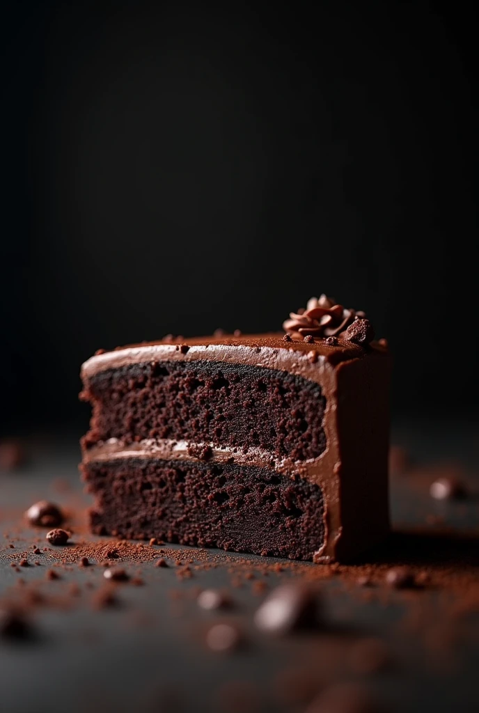 cinematic film still chocolate, chocolate cake, dark background, quality photo, moist texture, frosting, studio photo, slice . shallow depth of field, vignette, highly detailed, high budget, bokeh, cinemascope, moody, epic, gorgeous, film grain, grainy