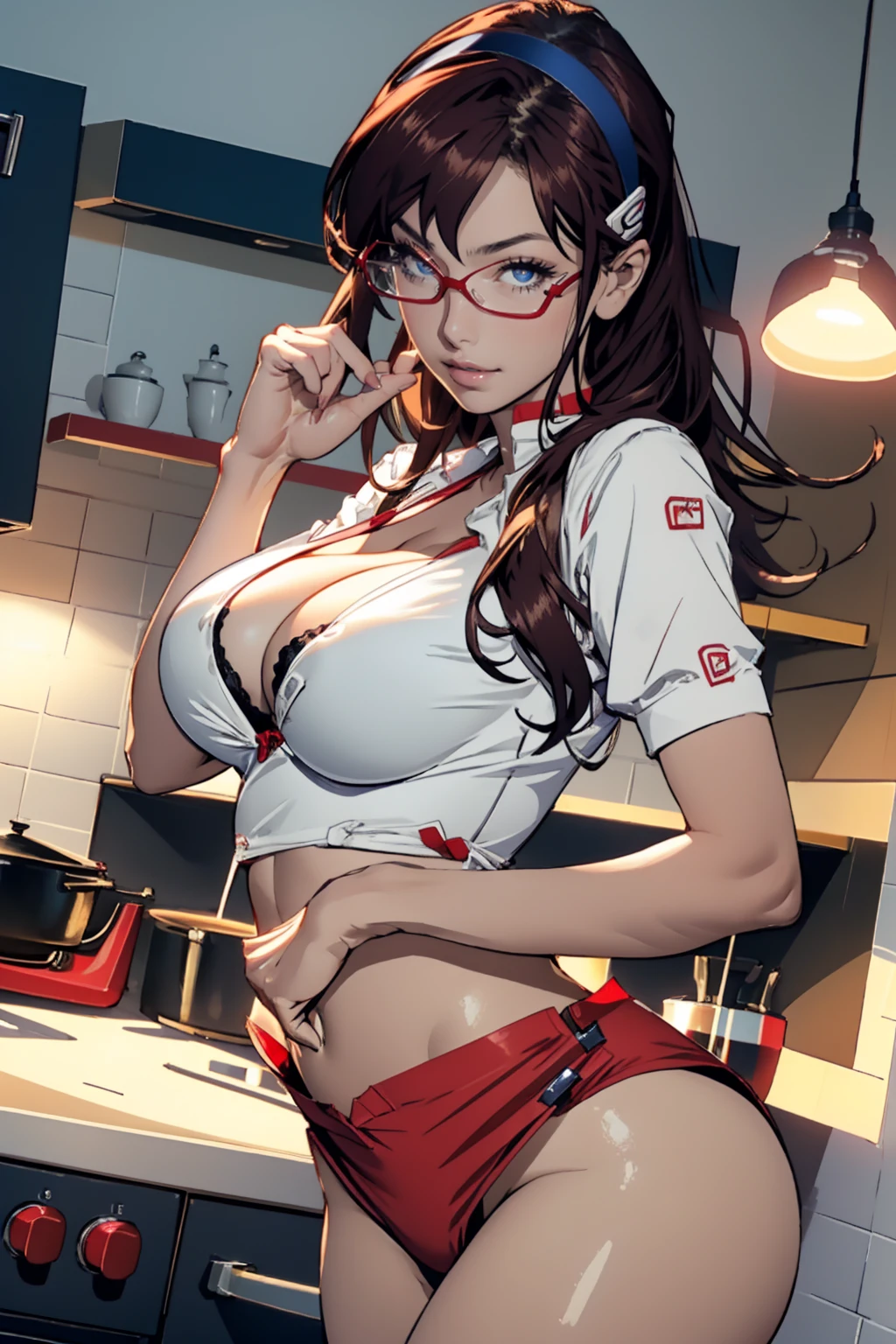 Perfect CG8K, UHD Quality Resolution Wallpapers, Realistic, The most beautiful and sexy uniforms, makinami, Red frame glasses,Wearing a sexy and seductive maid outfit, White panties,((Big Breasts:1.4)),(Saggy breasts:1.3), Cinema Lighting, Vivid moonlight eyes, Long and fine eyelashes, White skin, Cleavage, Nice big ass, POV camera view from below, Bend your body, sexy slut seductive pose, Looking back at the audience, In her kitchen, Highest quality, Highest Resolution,masturbation, all fours, from behind, from below, focus on panties, focus on panties, hand on pussy,,